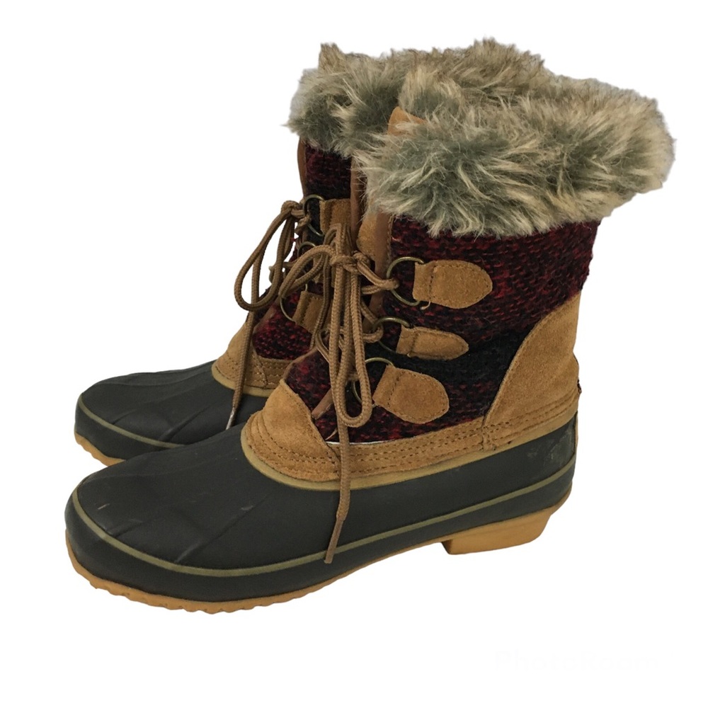 Totes Faux Fur Plaid Cloth Lace Up Winter Duck Boots Lynn Tan Size 7 M - Picture 1 of 13